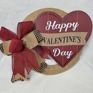 Happy Valentine's Day Heart Sign Burlap Wreath Red Bow Wooden Door Hanger Decor